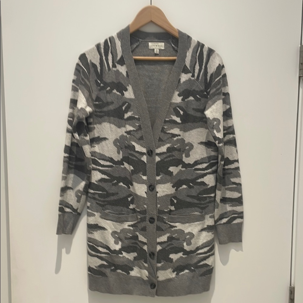 Lucky Brand Gray Grey Knit Sweater Cardigan Camo Camoflage Small